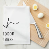 Script モダン Mr Name Date Newlywed Keepsake キッチンタオル (四つ折り)