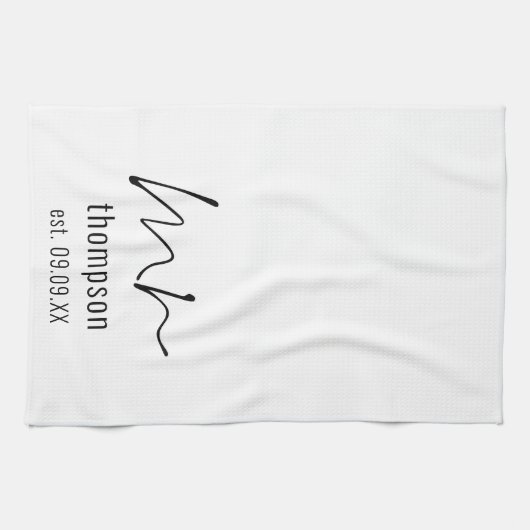 Script モダン Mr Name Date Newlywed Keepsake キッチンタオル (横)