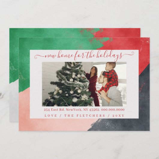 Script モダン New Home for Holidays写真の移動 シーズンカード (正面/裏面)