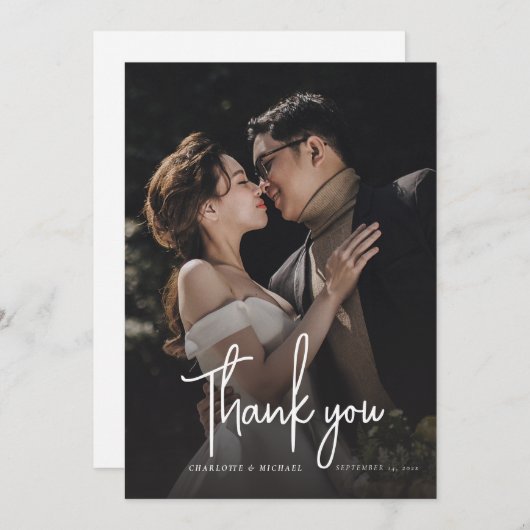 Script モダン Photoエレガントの結婚値 サンキューカード (正面/裏面)