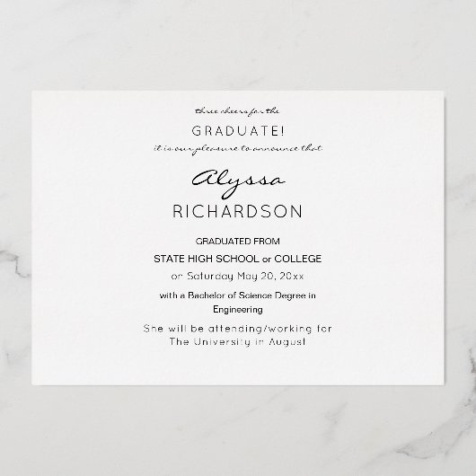 Script モダン Photo Foil卒業発表 箔招待状 (裏面)