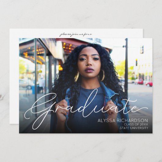 Script モダン Photo Graduation Party 招待状 (正面/裏面)