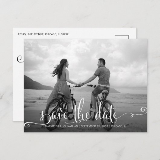 Script モダンSave The Date Photoポストカード 案内ポストカード (正面/裏面)