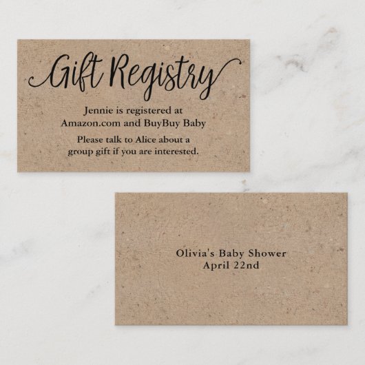 Script 素朴 Gift Registry Shower Insert Card 名刺 (正面/裏面)