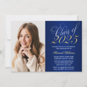 Script Blue金ゴールド写真の卒業発表 招待状 (正面)