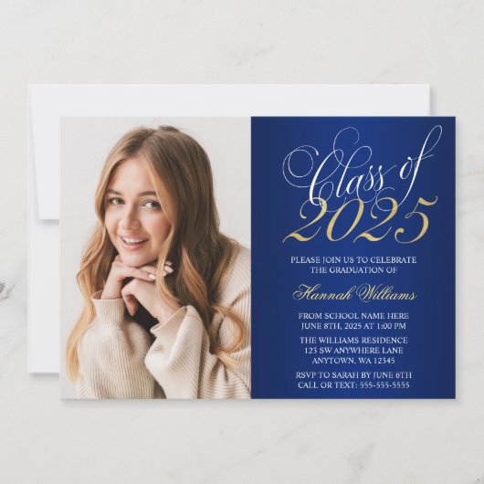 Script Blue金ゴールド写真の卒業発表 招待状 (正面)