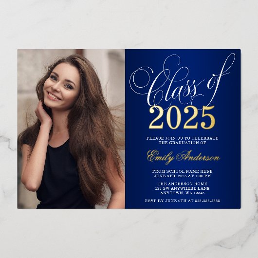 Script Blue 2025写真卒業パーティー金ゴールド 箔招待状 (正面)