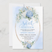 Script Blue Floral Gold Sweet 16 Birthday Invites 招待状 (正面)