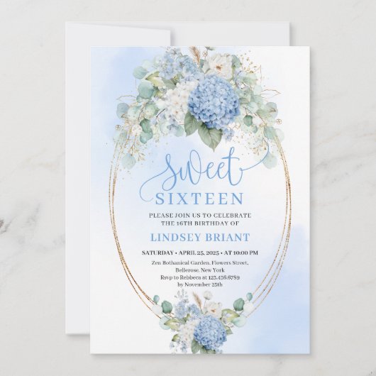Script Blue Floral Gold Sweet 16 Birthday Invites 招待状 (正面)
