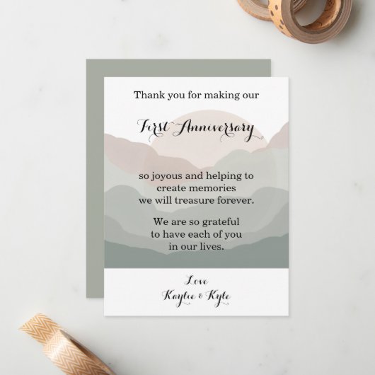 Script Boho Watercolor Mountain 1st Anniversary  ノートカード (正面/裏面インサイチュ)