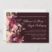Script calligraphy Bouquet Floral Burgundy Wedding 招待状 (正面)