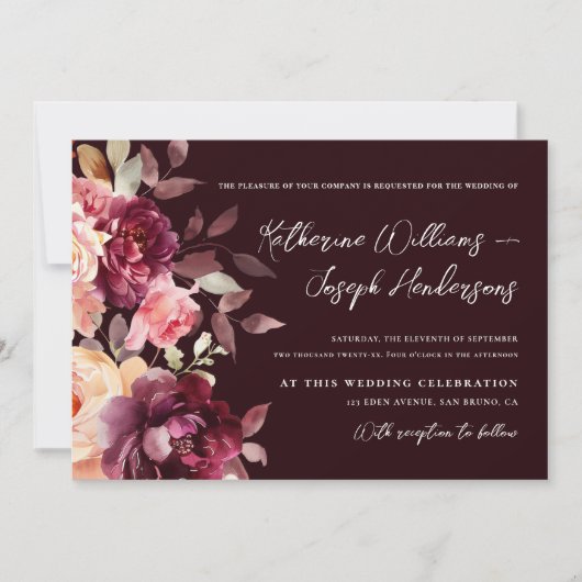 Script calligraphy Bouquet Floral Burgundy Wedding 招待状 (正面)