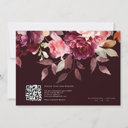 Script calligraphy Bouquet Floral Burgundy Wedding 招待状 (裏面)