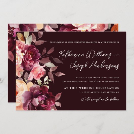 Script calligraphy Bouquet Floral Burgundy Wedding 招待状 (正面/裏面)