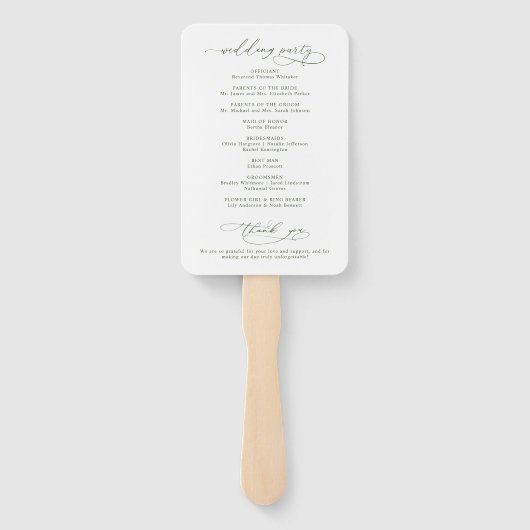 Script Calligraphy Olive Green Wedding Program ハンドファン (裏面)