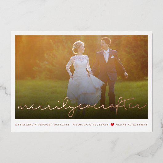 Script Christmasの写真の後結婚楽しく 箔シーズンカード (正面)