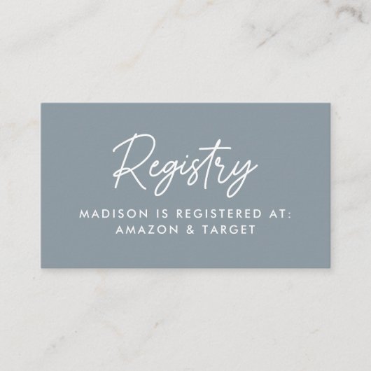 Script Dusty はっきりした Blue Baby Shower Registry エンクロージャーカード (正面)