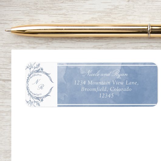 Script Dusty Blue Water Color, Monogram 結婚's ラベル