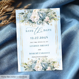 Script Dusty Blue White Gold Flowers Save The Date 招待状