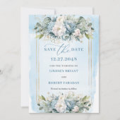 Script Dusty Blue White Gold Flowers Save The Date 招待状 (正面)