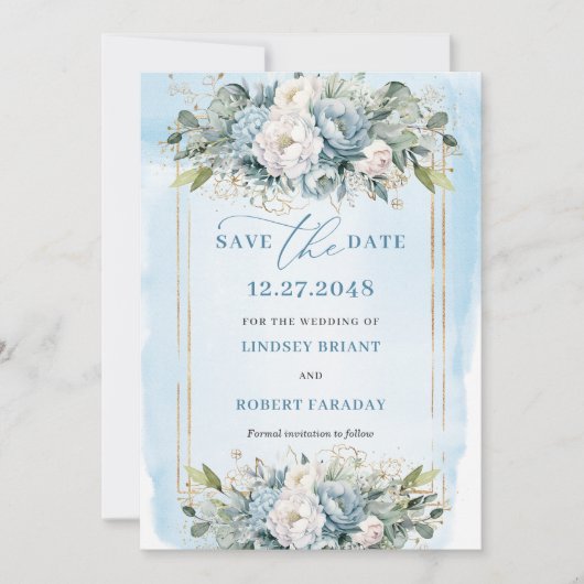 Script Dusty Blue White Gold Flowers Save The Date 招待状 (正面)