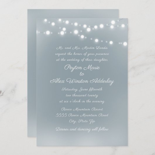 Script Dusty Blue White String Lights 結婚's 招待状 (正面/裏面)