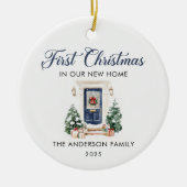Script First Christmas At Our New Home Blue セラミックオーナメント (正面)