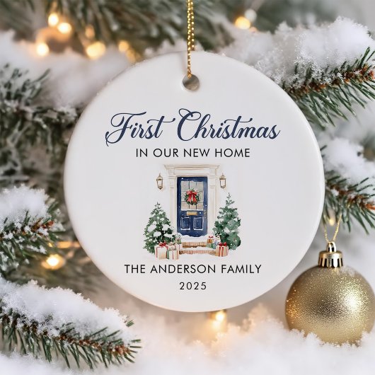 Script First Christmas At Our New Home Blue セラミックオーナメント