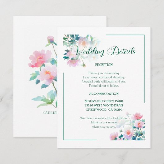 Script Font Pastel Garden Flowers Wedding エンクロージャーカード (正面/裏面)