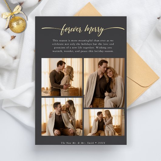 Script Forever Meerry Christmas Newlywed写真金ゴールド 箔シーズンカード
