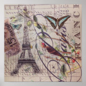 Script French country butterfly Paris Eiffel Tower ポスター (正面)