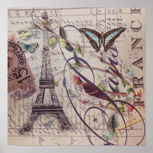 Script French country butterfly Paris Eiffel Tower ポスター (正面)