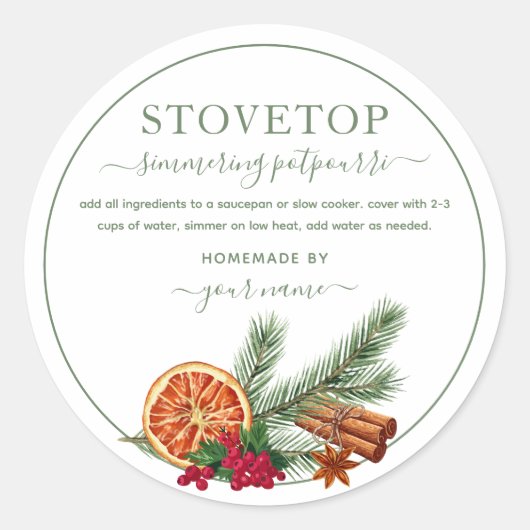 Script Green Stovetop Potpourri Label Sticker ラウンドシール (正面)