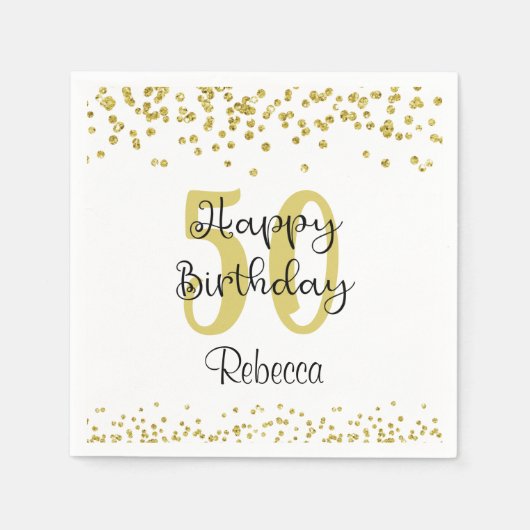 Script HAPPY 50th誕生日名金ゴールドグリッター スタンダードカクテルナプキン (正面)
