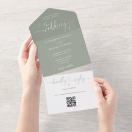 Script Hearts Sage Green QRコード ウェディング オールインワン招待状
