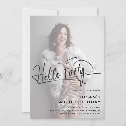 Script Hello Foty Photo ミニマル 40th Birthday 招待状 (正面)