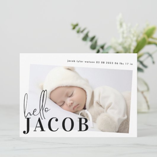 Script Hello Name Black Minimalistフォトベビー 案内状 (スタンド正面)