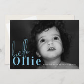 Script Hello Name Blue Boyミニマリスト写真ベビー 案内状 (正面/裏面)