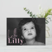 Script Hello Name Pink Girl Minimalist写真ベビー 案内状 (スタンド正面)