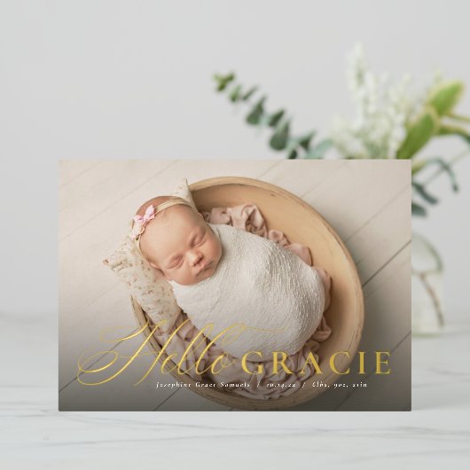 Script hello nickname pink one photo誕生announc 箔招待状 (立ち正面)