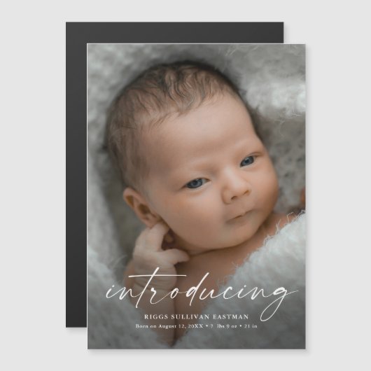 Script Introducingベビー写真ありがとう マグネット招待状 (正面/裏面)