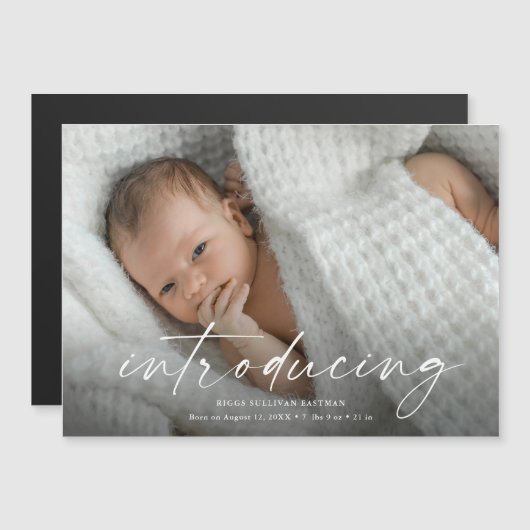 Script Introducingベビー写真ありがとう マグネット招待状 (正面/裏面)