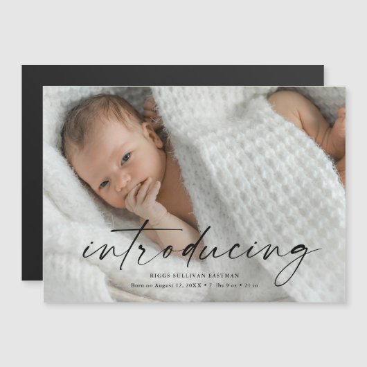 Script Introducingベビー写真ありがとう マグネット招待状 (正面/裏面)