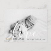 Script Loveモダン金ゴールド写真ベビー誕生ありがとう ポストカード (正面)