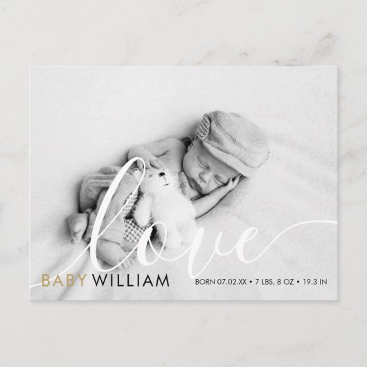 Script Loveモダン金ゴールド写真ベビー誕生ありがとう ポストカード (正面)