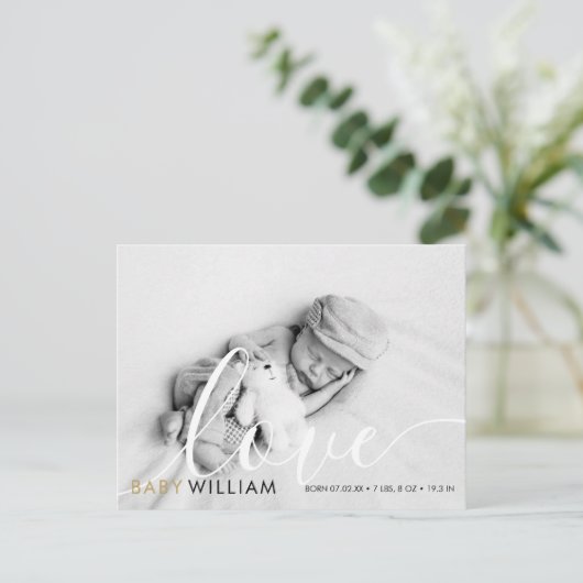 Script Loveモダン金ゴールド写真ベビー誕生ありがとう ポストカード (スタンド正面)