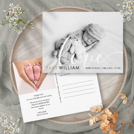 Script Loveモダン金ゴールド写真ベビー誕生ありがとう ポストカード