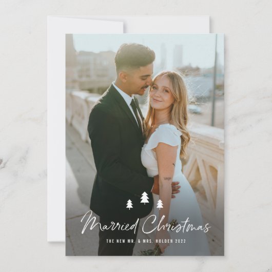 Script Married Christmas Trees Wedding Photo シーズンカード (正面)