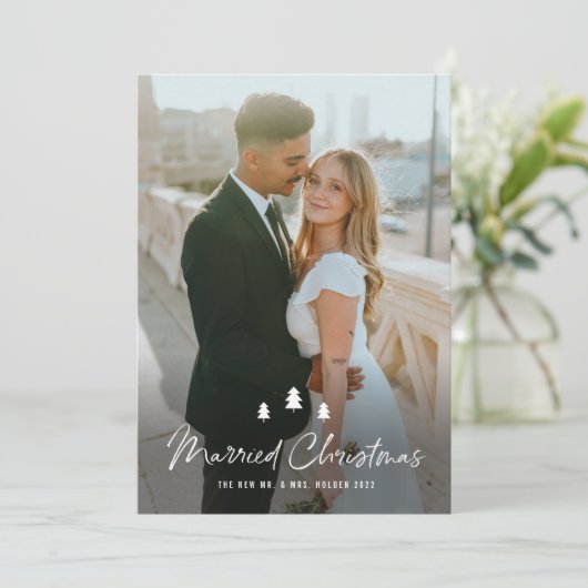 Script Married Christmas Trees Wedding Photo シーズンカード (スタンド正面)