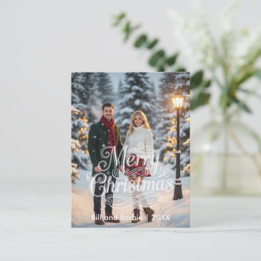 Script Merry Christmas Couples Photo Front シーズンポストカード (スタンド正面)